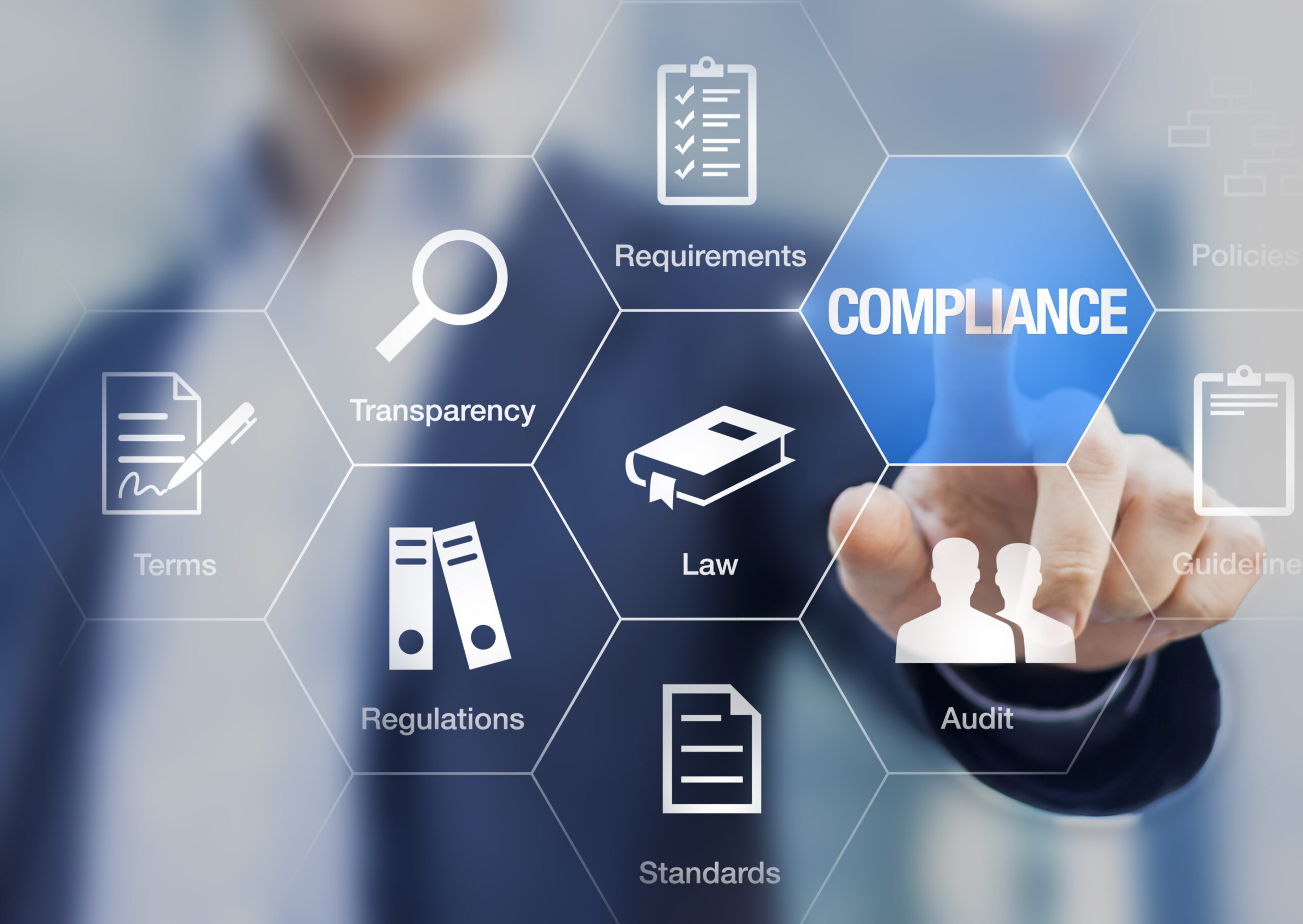 Compliance concept with icons for regulations, law standards, and requirements.